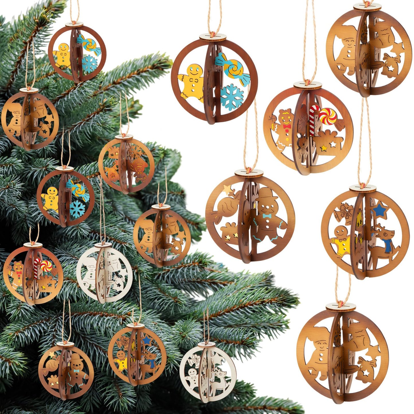Chunful 48 Pcs Wooden Christmas Tree Ornaments DIY 3D Unfinished Wood Crafts to Paint Christmas Cutouts Blank Hollow Wood Ginger