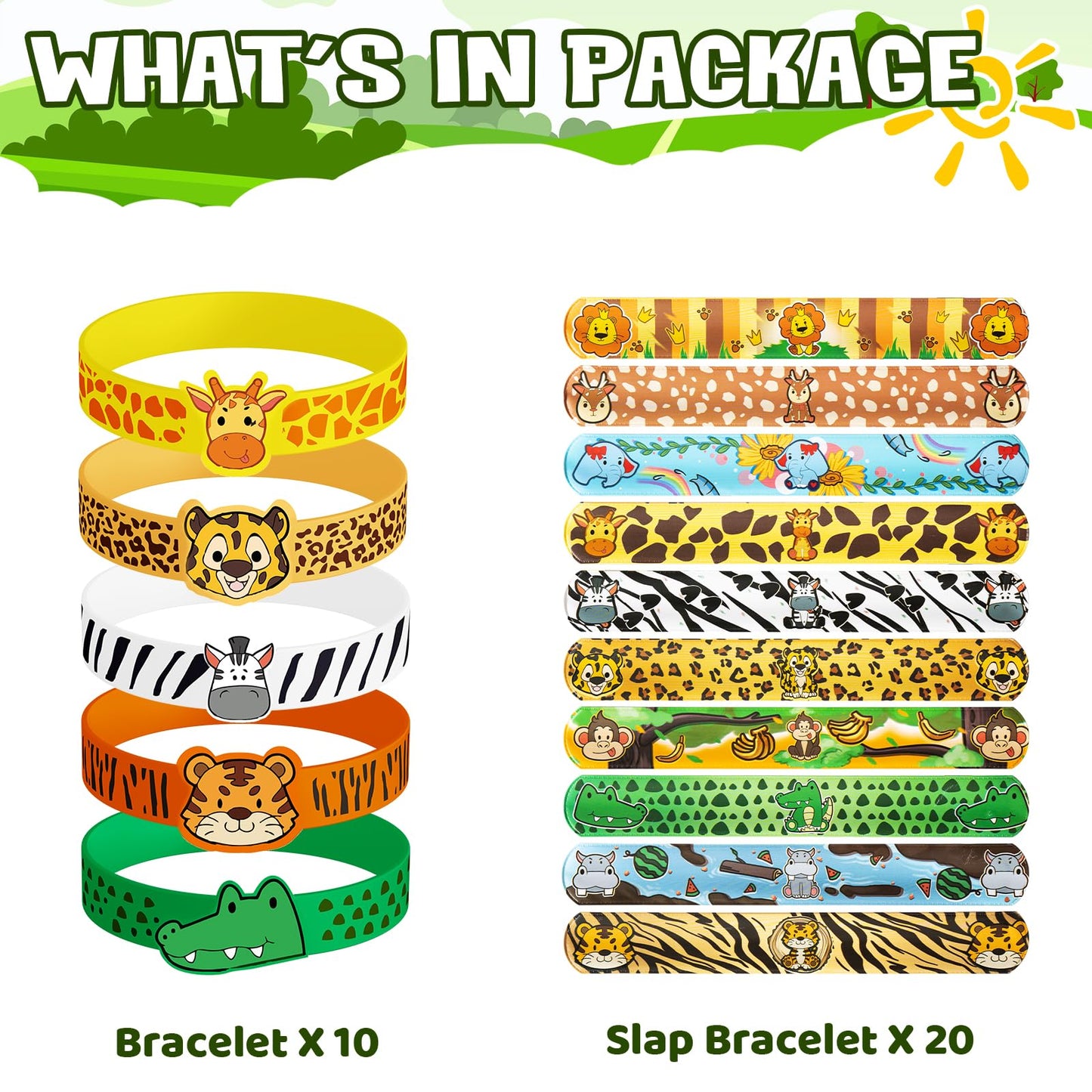 Dmight Jungle Safari Party Favors 30 Pcs Wild Animals Slap Bracelets And Rubber Wristband For Kids Birthday Gifts, Wild Theme Pa