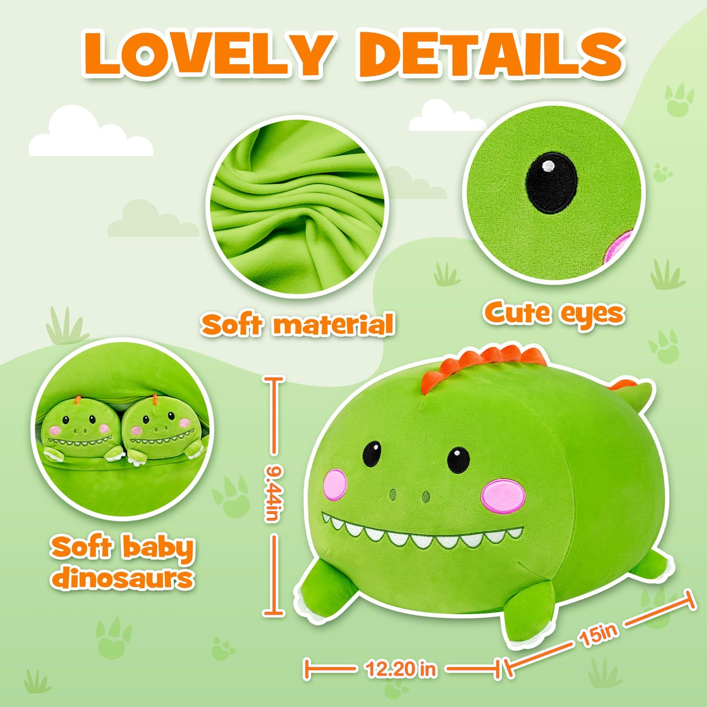 YIIQUWEN Dinosaur Plush, Stuffed Animal Set with 4 Baby Dinos, Soft Stuffed Toy Pillow, Cute Birthday Gift for Kids Boys Girls (