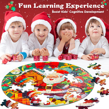 Talgic 70 Piece Christmas Puzzle With Santa Claus & Snowman, Large Round Floor Puzzles For Kids Ages 4-8, 3-5 And Up, Holiday And Christmas Jigsaw Puzzles, Wonderful Kids Puzzles Gift For Christmas