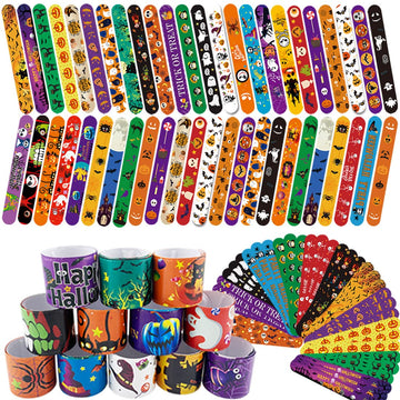 SUNPROUND Halloween Slap Bracelet,100Pcs Slap Bracelet Wristbands with Spider Pumpkin Ghost Zombie Bat Witches Design Snap Brace