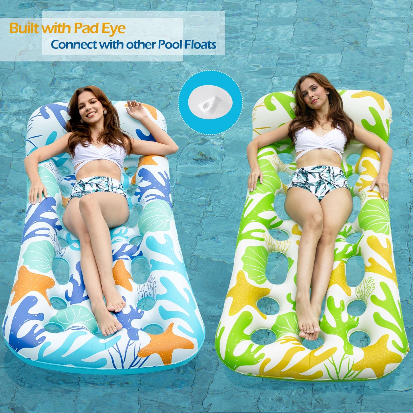 Jasonwell Inflatable Pool Float Lounge - 2 Pack, 71"x31", Vinyl, Blue&Beige, Model CPLF-180OBG2, Perfect for Lake & Beach Parties