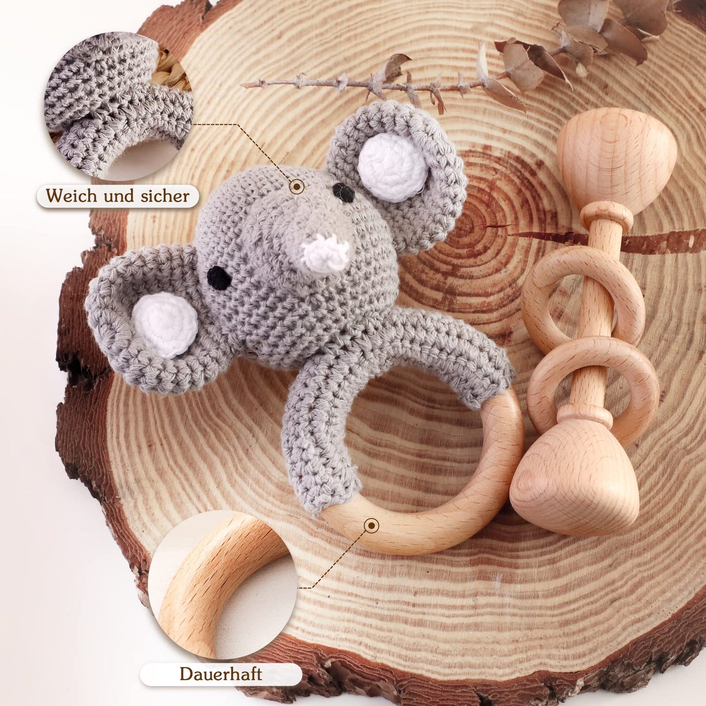 Wooden Baby Rattle Crochet Elephant And Wooden Rattle Baby Toys Set 2Pcs Handmade Newborn Toy Early Development Grips Stuffed An