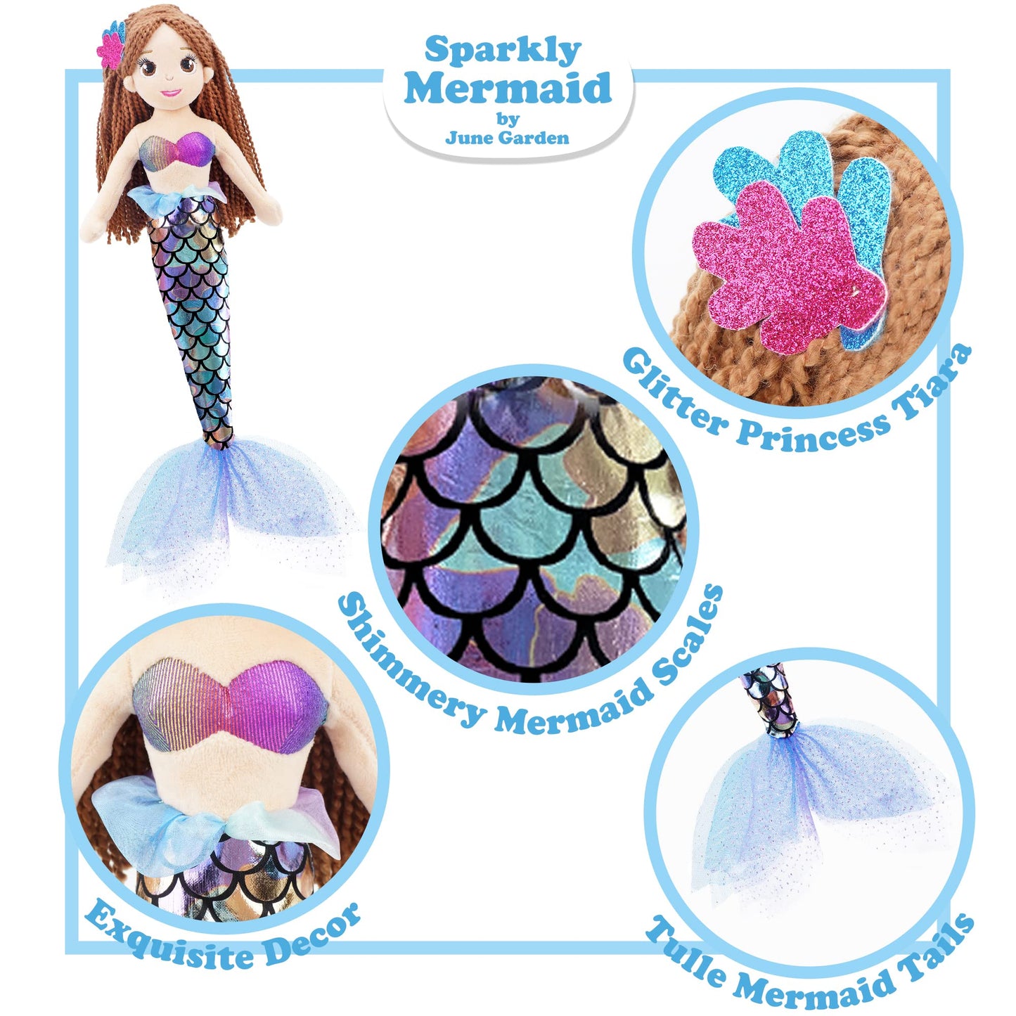 June Garden 18'' Sparkly Mermaid Tifara - Soft Plush Stuffed Mermaid Doll Gift For Toddler Girls