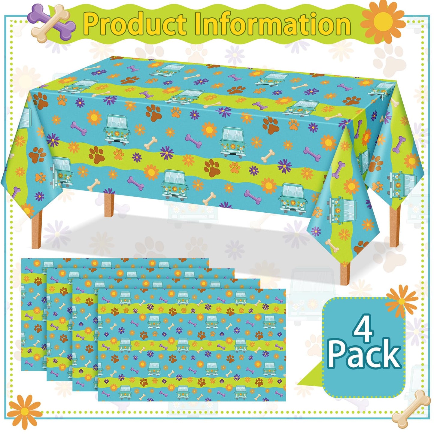 MotiMind 4 Pcs Mysterious Dog Party Supplies Christmas Cartoon Car Hippie Tablecloth Disposable Paw Table Cover Waterproof Daisy