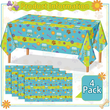 MotiMind 4 Pcs Mysterious Dog Party Supplies Christmas Cartoon Car Hippie Tablecloth Disposable Paw Table Cover Waterproof Daisy