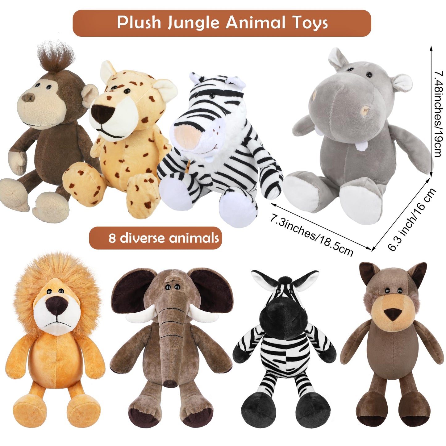 Elcoho 8 Pieces Safari Stuffed Animals Plush Jungle Animal Toys 9.8 Inch Zoo Stuffed Animals Set Cute Plush Toys For Animal Themed Parties Teacher Student Award, 8 Styles