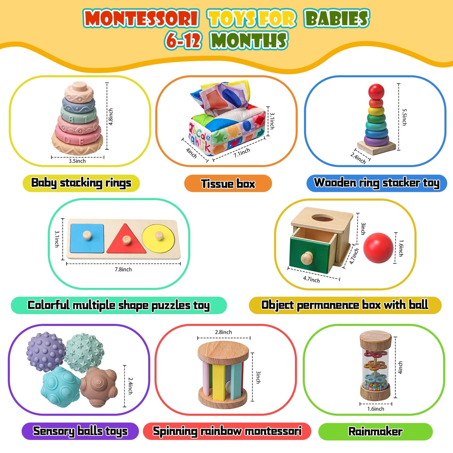 Montessori Toys For Babies 6-12 Months,1 Year Old,8 In 1 Learning Educational Set Wooden Sensory Toys For Baby Toys 12-18 Months (Includes Tissue Box Toy,Rainmaker And More)