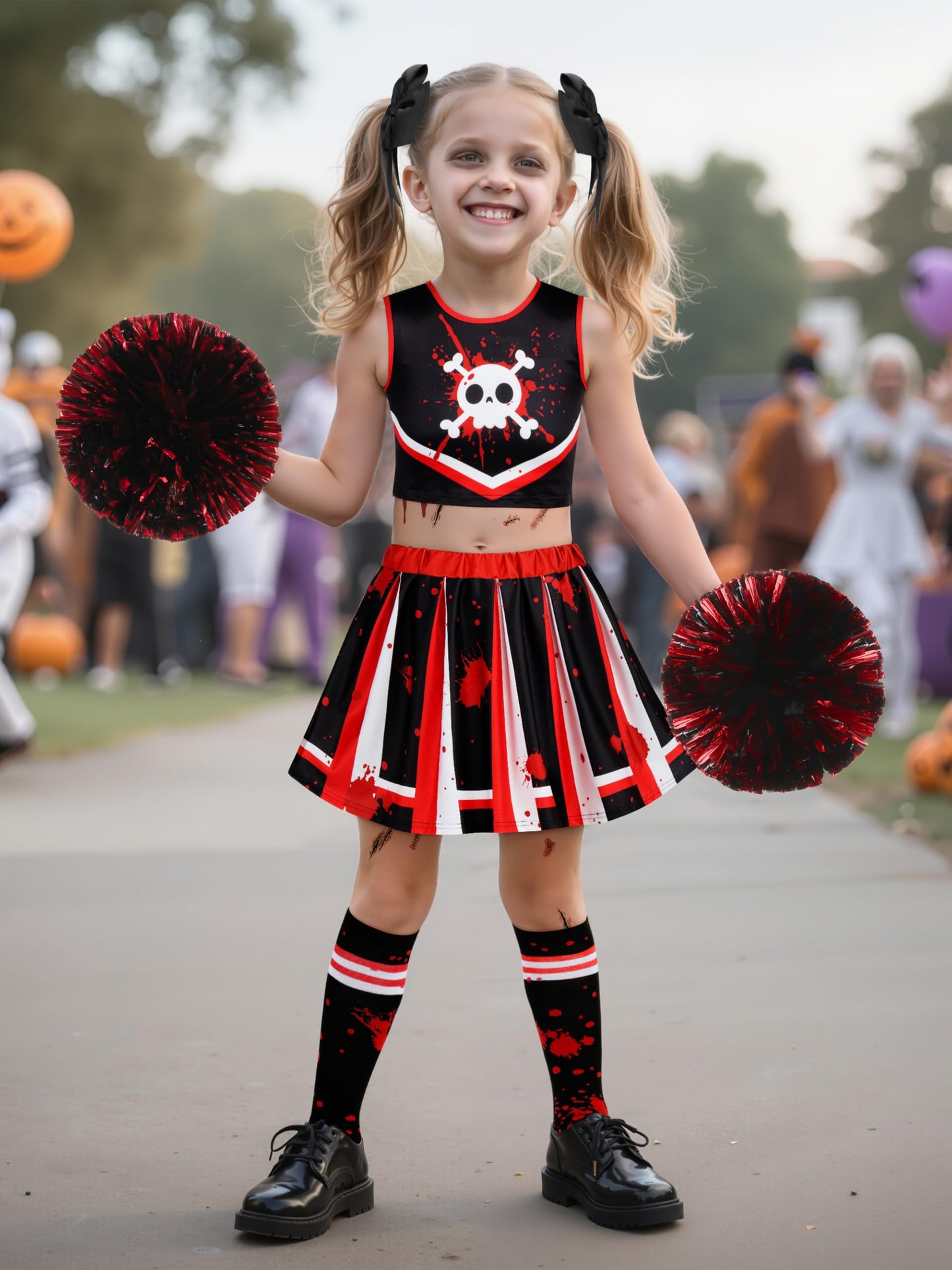 RUODON 9 Pieces Girls Halloween Cheerleader Costume Zombie Fearleader Costume Set Includes Top Skirt Socks Pompom Sticker Bow Black and Red