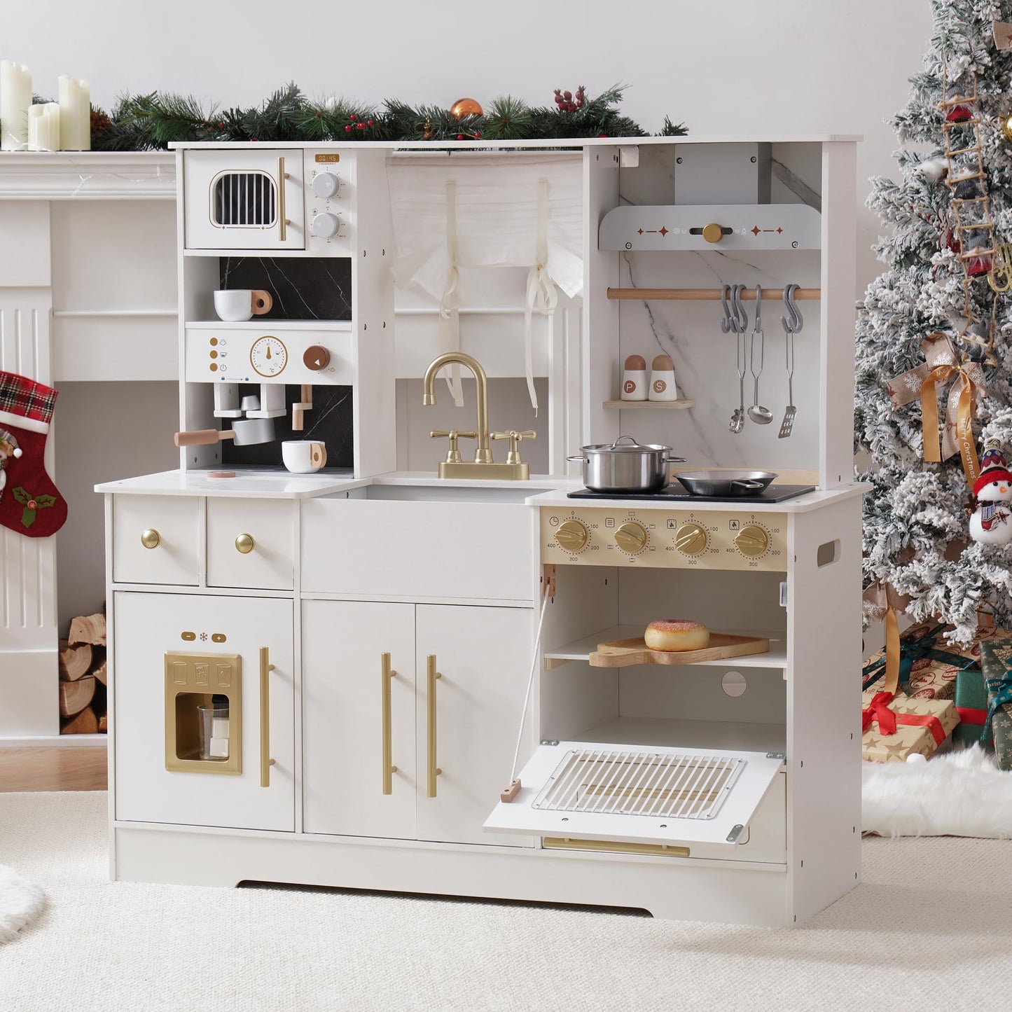 ROBOTIME Wooden Play Kitchen for Toddlers and Kids, Toy Kitchen Set with Ice Maker and Coffee Machine, Realistic Toddler Kitchen