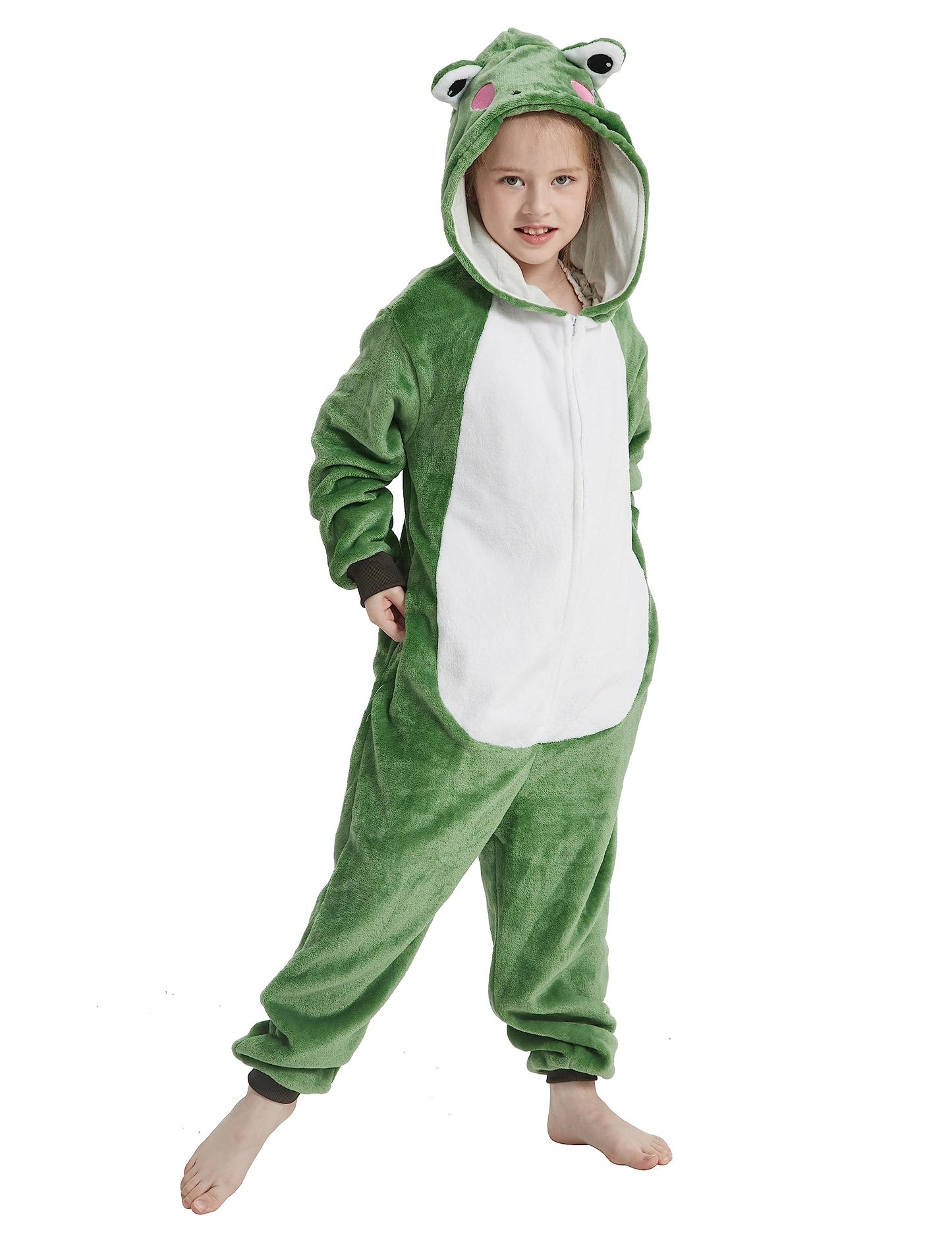 Acogna Onesie Kids Plush Animal Frog Costume One Piece Pajamas Girls Boys Teen Halloween Cosplay Sleepwear Green 6-7 Years
