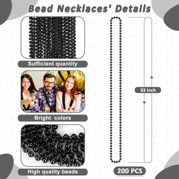 Huskein 200PCS Beaded Necklace, 33'' Mardi Gras Beads, Black Bead Necklace, Mardi Gras Accessories Throw Beads Bulk Party Favors