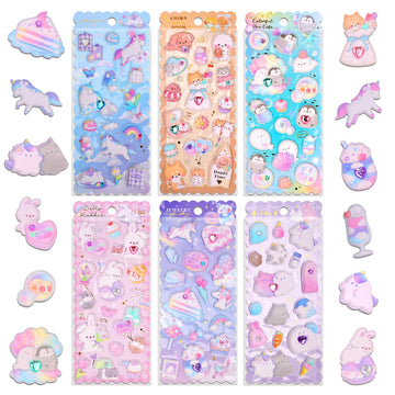 Shangrla Kawaii Puffy Stickers For Girls Kids,Cute 3D Textured Squishies Puffer Sticker Set For Notebook Stationary,Japanese Puff Large Stickers With Gem Embedded For Adults Teens,6 Sheets.
