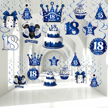 30 Pieces Happy 18th Birthday Party Hanging Swirls Decorations, Navy Blue Silver Black 18th Birthday Foil Swirls Ceiling Decor f