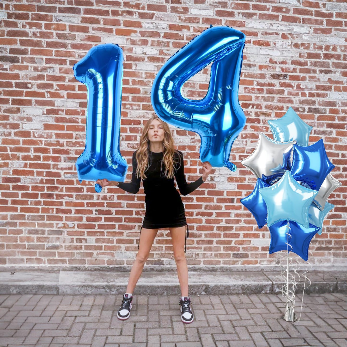 14Th Birthday Balloon For Boys, Big Self Inflating Dark Light Blue Silver Star Number 14 Balloons Decor, 40 Inch Royal Pastel Ba