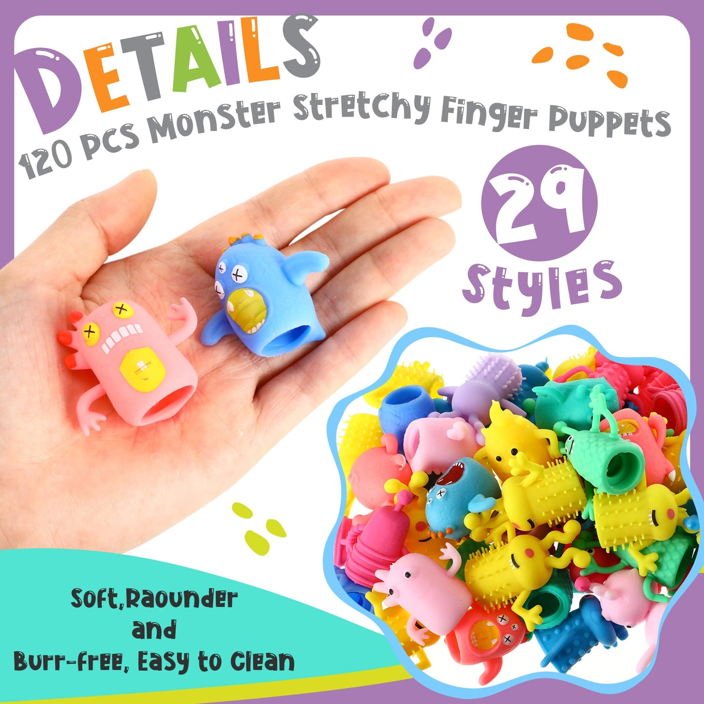 Halloscume 120 Pcs Cute Finger Puppets Toys Monster Stretchy Finger Puppets Funny Colorful Monster Stretchy Toys Soft Rubber Doll Sets for Role Playing Birthday Halloween Kids Party Favors