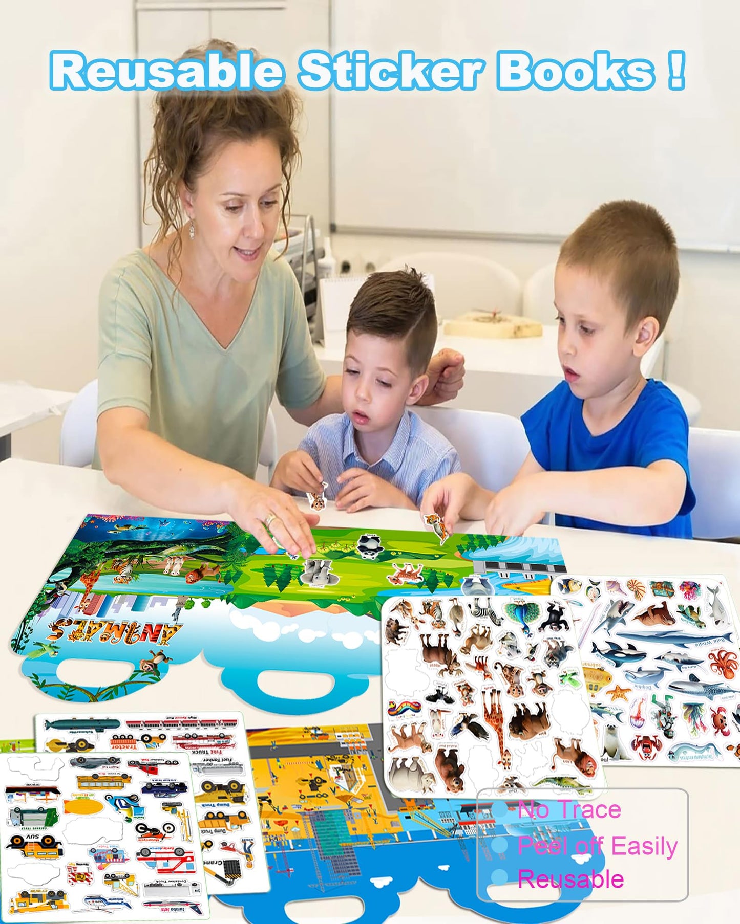 2Pack Reusable Sticker Books For Kids 2-4,Vehicle Cars & Animals 3D Jelly Stickers Activity Busy Book For Toddlers Boys Girls Ro
