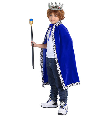 King Costume For Kids Robe Crown Scepter Set Boys Royal Prince Cape Dress Up Cosplay Blue
