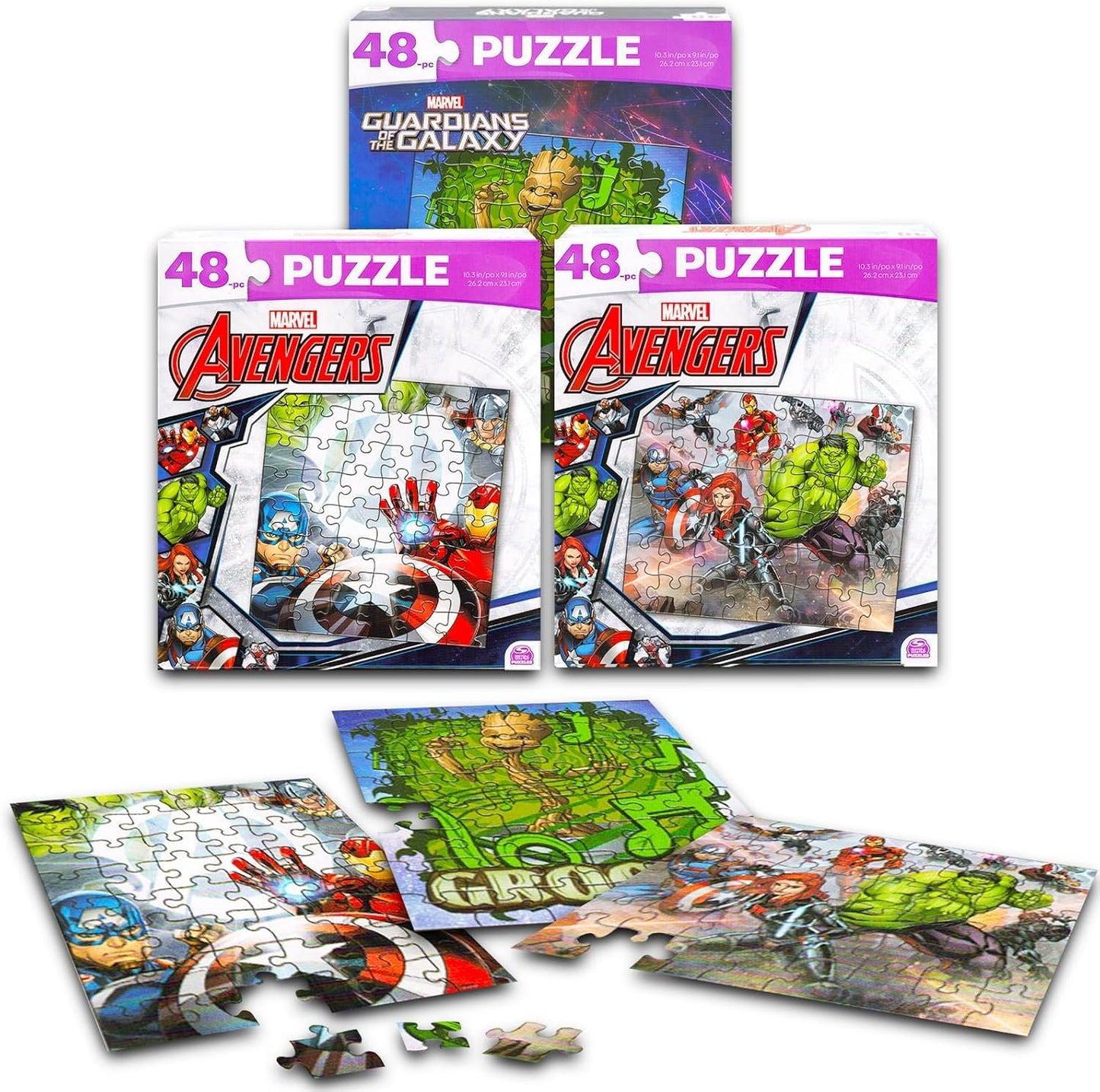 Marvel Heroes Premier Puzzles Set - Bundle with 4 Assorted 48 Piece Avengers and Spiderman Puzzles Plus Stickers and More | Marv