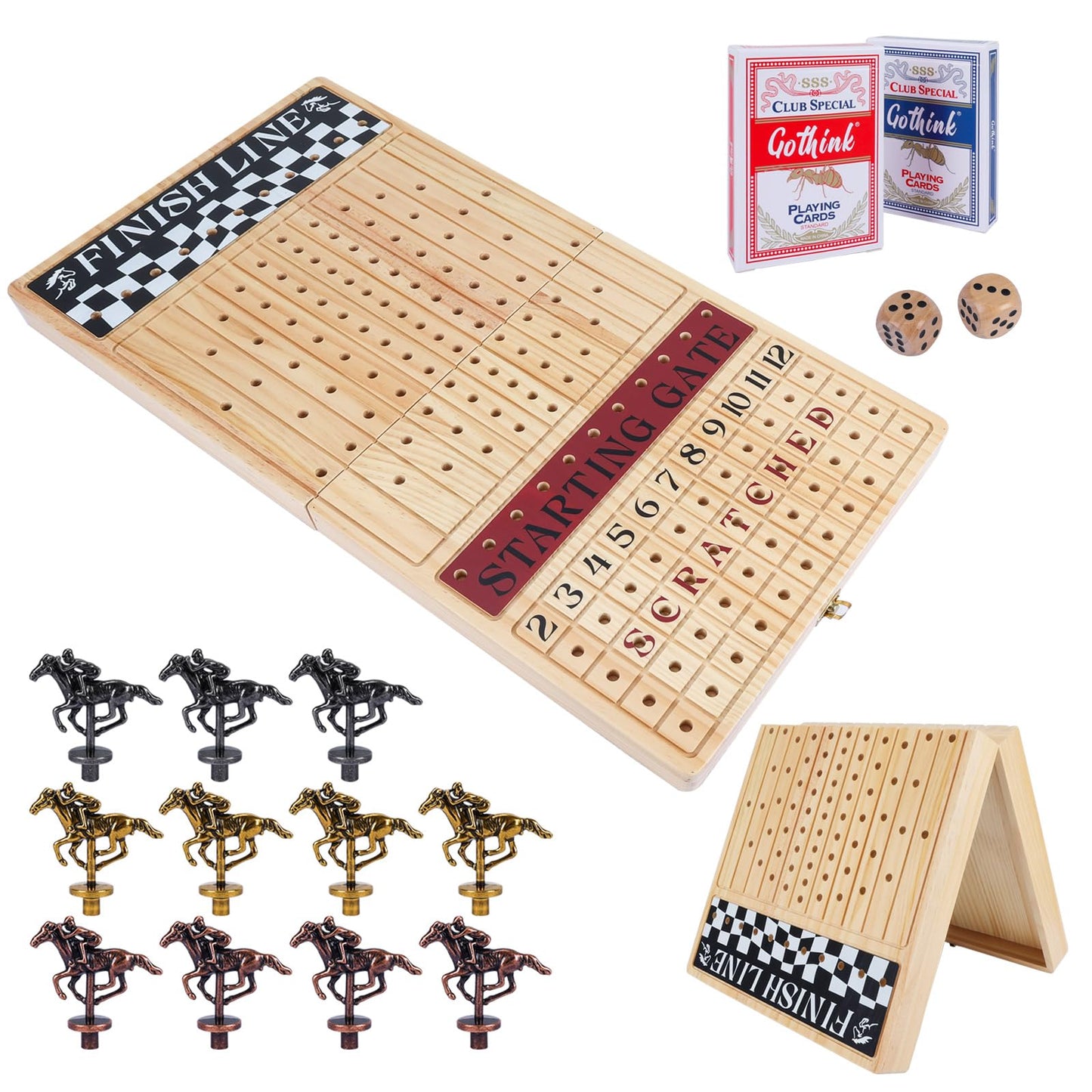 Offelec Large 23 inches Horse Race Board Game  enhanced Durable Foldable Wooden Box  Horse Racing Game with 11 Retro Metal Horses  2 Dices and 2 Playing Cards Fun Family Night Games for mature-themeds Kids