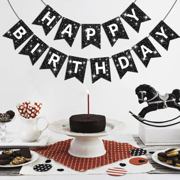 Hooqict Glitter Black Happy Birthday Banner Sign For Backdrop Black Birthday Decorations For Men Women Party Supplies Wall Door Banner Garland Bunting Flag