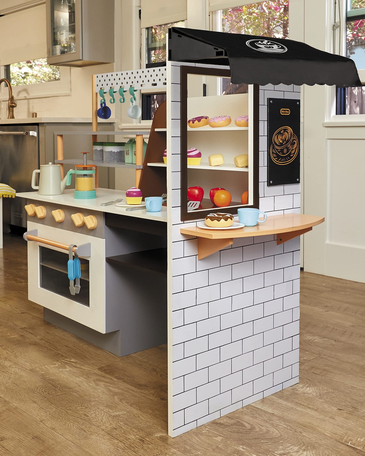 Little Tikes Real Wood Caf   & Bakery Exclusive Wooden Play Kitchen with Realistic Lights Sounds and Dual-Sided, 20+ Accessories