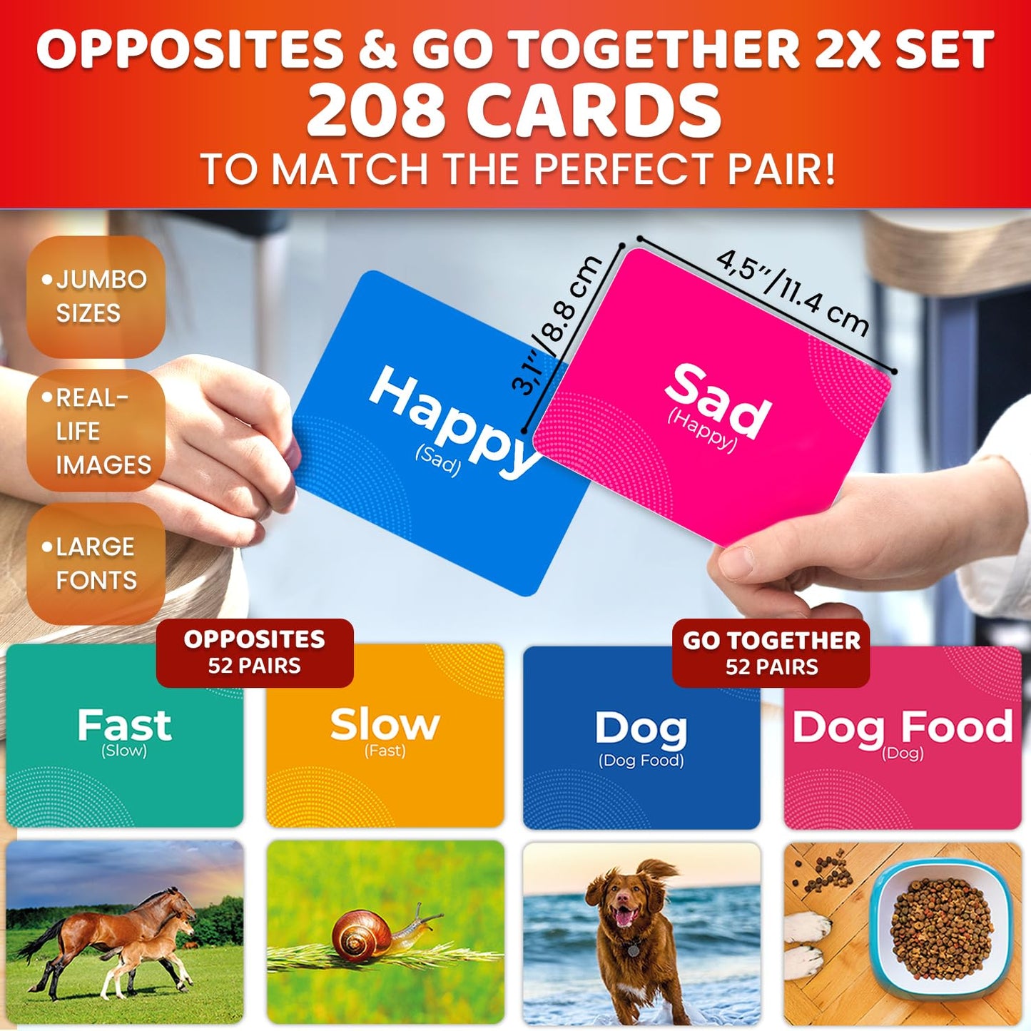QUOKKA 208 Vocabulary Flash Cards Set - Go Together and Opposites Matching Card Game with Realistic Images for Pre-K and Kinderg