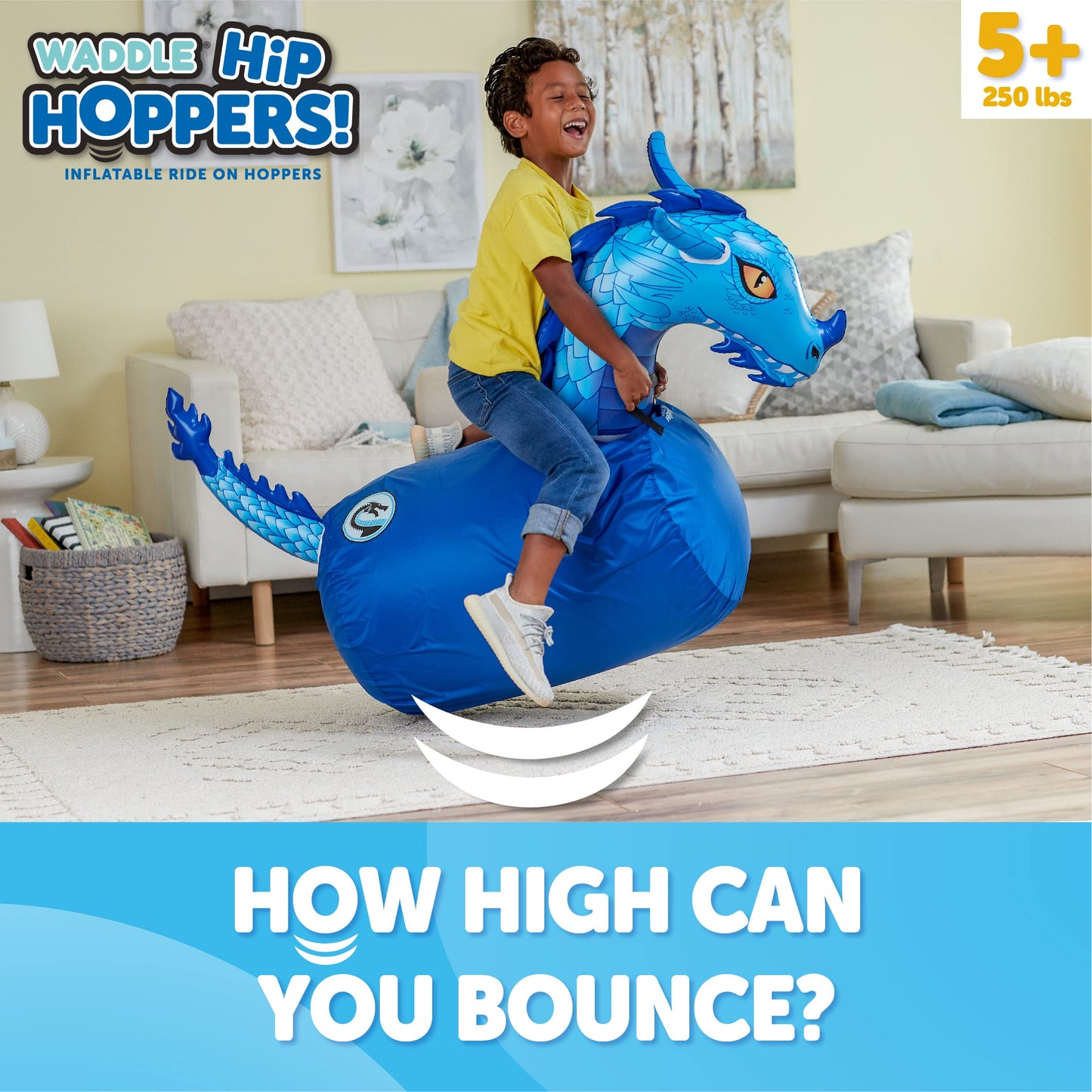 WADDLE Large Bouncy Hopper Inflatable Blue Dragon Animal Bouncer, Supports 250 lbs, Ages 5+, Model WD21426DR