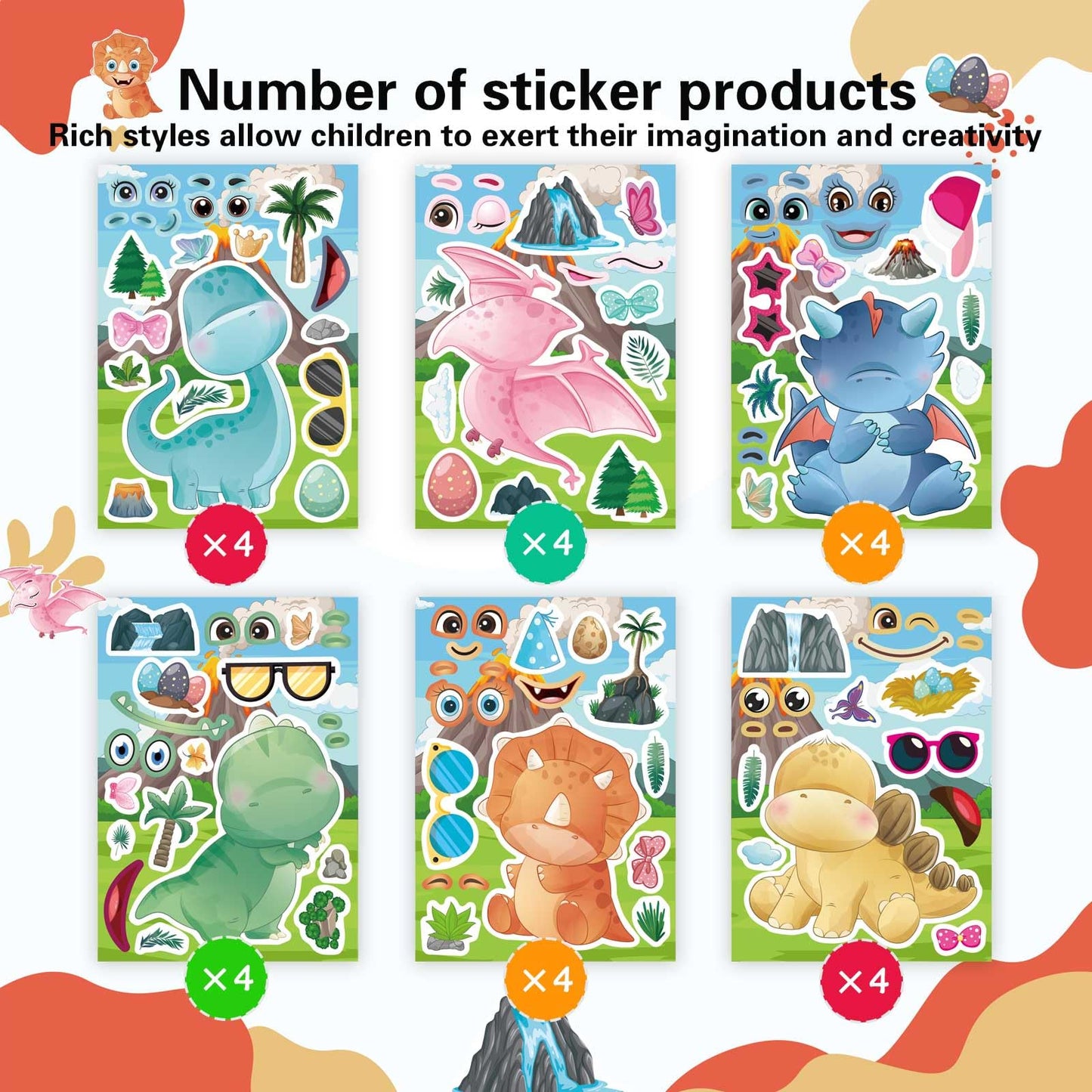 24 Sheets Cute Dinosaur Stickers For Kids Toddler Make-A-Face Stickers Make Your Own Dinosaur Stickers Dinosaur Birthday Party F