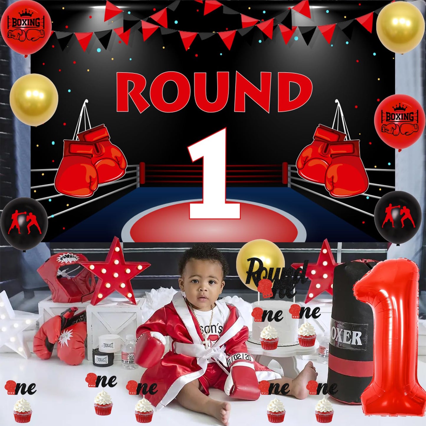 JOYMEMO Boxing 1st Birthday Party Decorations - Round Backdrop, Cake Toppers, Highchair Banner, Red & Black, Model F-PA-8046