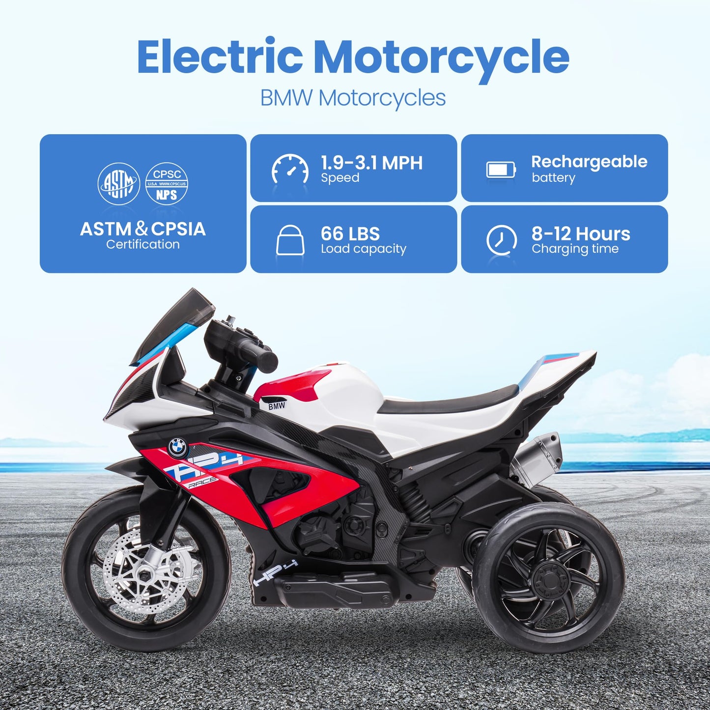 Kiddokidz Licensed BMW Kids Motorcycle - 12V Motorcycle Ride On Toy for Kids Ages 3-5 Years  3-Wheel Electric Motorcycle with Reverse  Headlight  Horn  Music(Red)