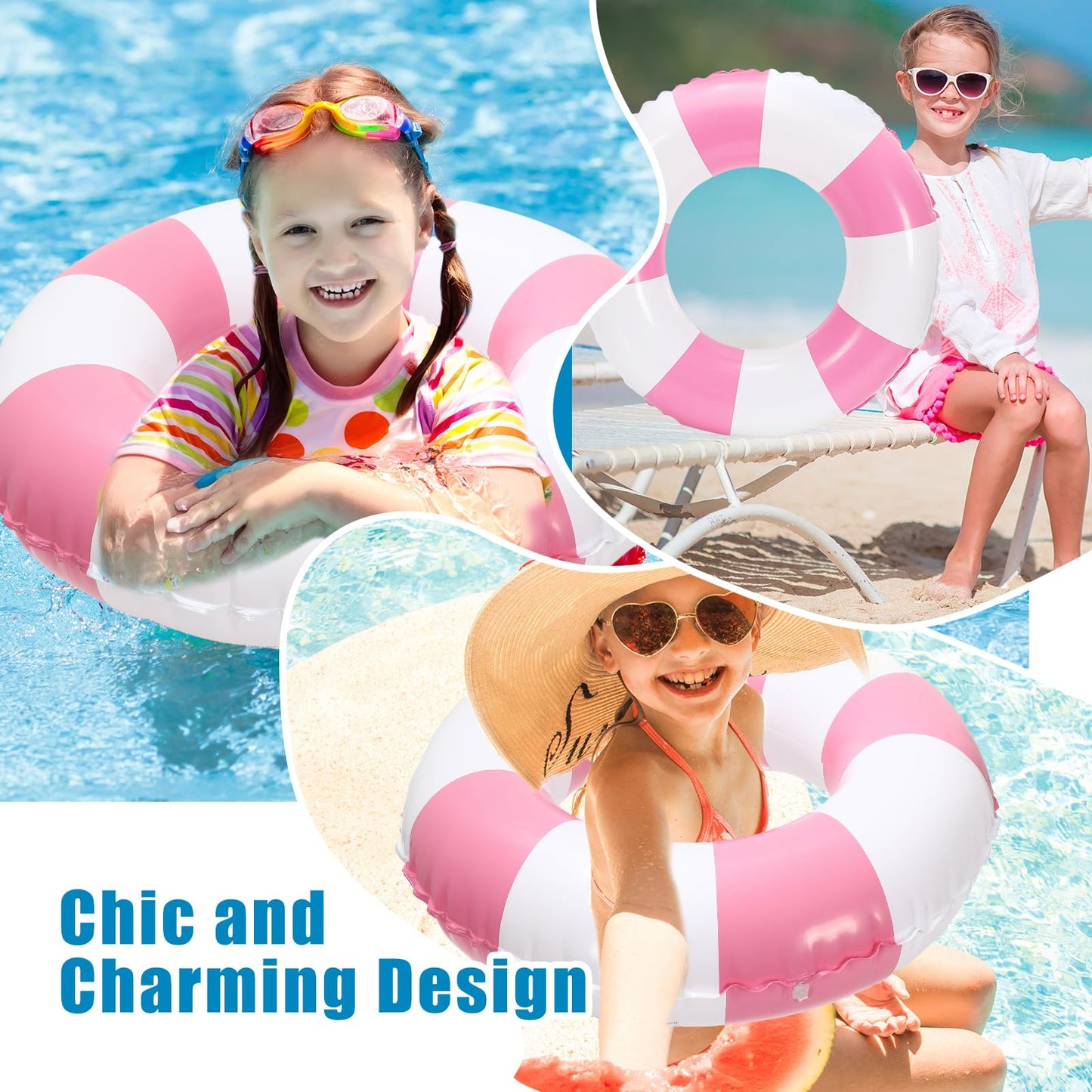 JarThenaAMCS Inflatable Swim Ring - 12Pcs Fun Print Pool Lounger, 22.8 Inch, Pink, PVC for Summer Beach Party