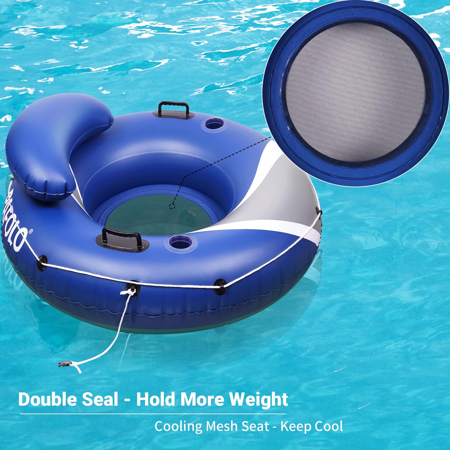 Pafolo Heavy Duty River Tubes - 53" Inflatable Pool Float, Blue and Grey, Large, Mesh Bottom for Beach Lake Rafting