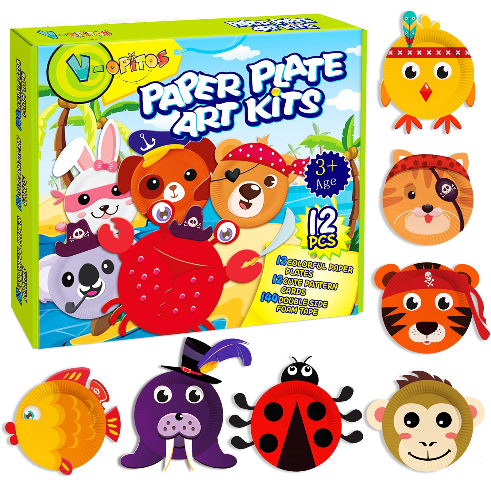 V-Opitos Arts and Crafts Kits for Kids, 12 Pack Paper Plate Crafts, Simple Animal Crafts for Toddler Age of 3, 4, 5 Years Old, F