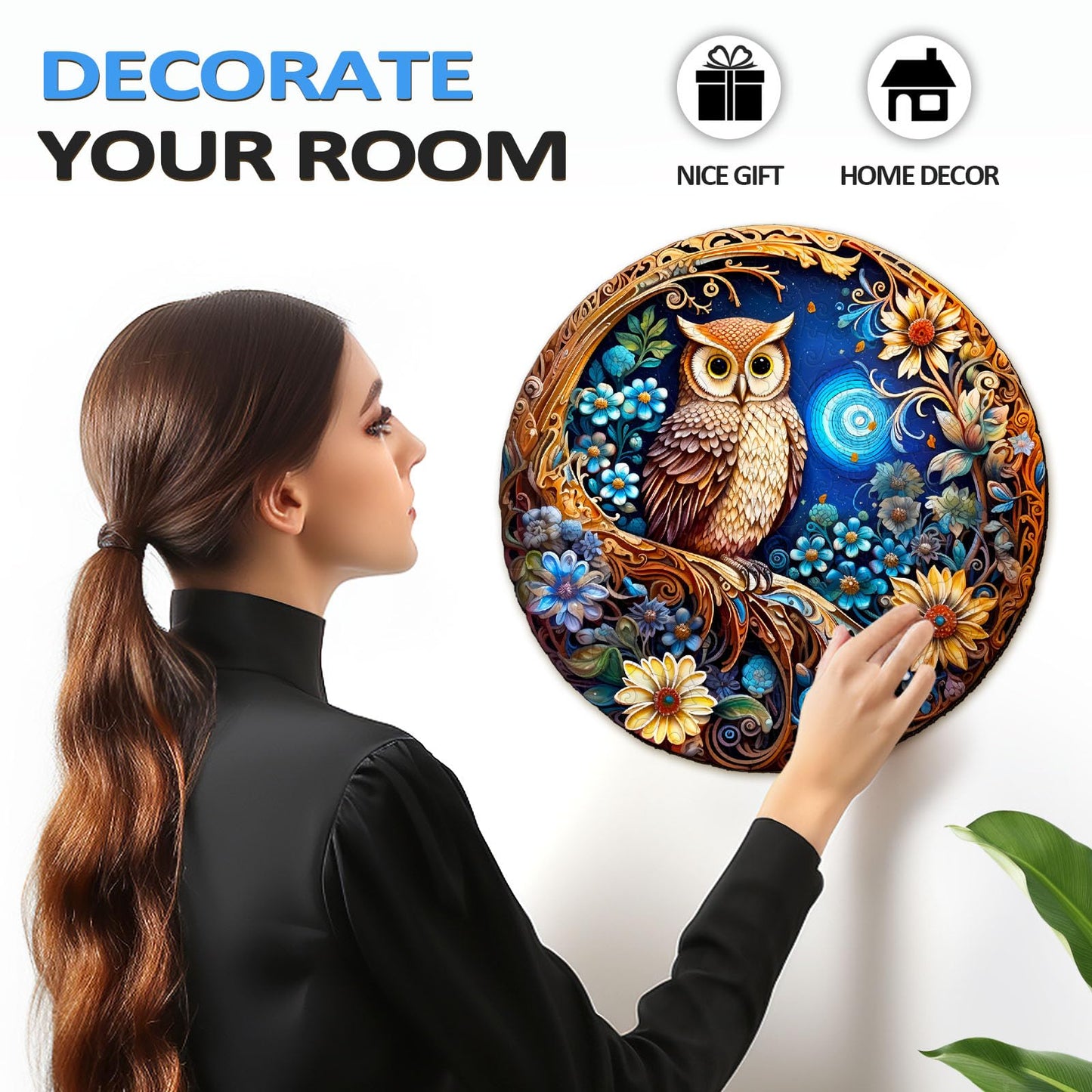 masseruon Wooden Puzzle for mature-themeds-Moonlight Owl  Unique Shaped Jigsaw Puzzles(S  100pieces  8.4x8.4in)  Beautiful Animal Owl Jigsaw Wood Puzzles mature-themed  Family Puzzle Game Christmas Birthday Gift