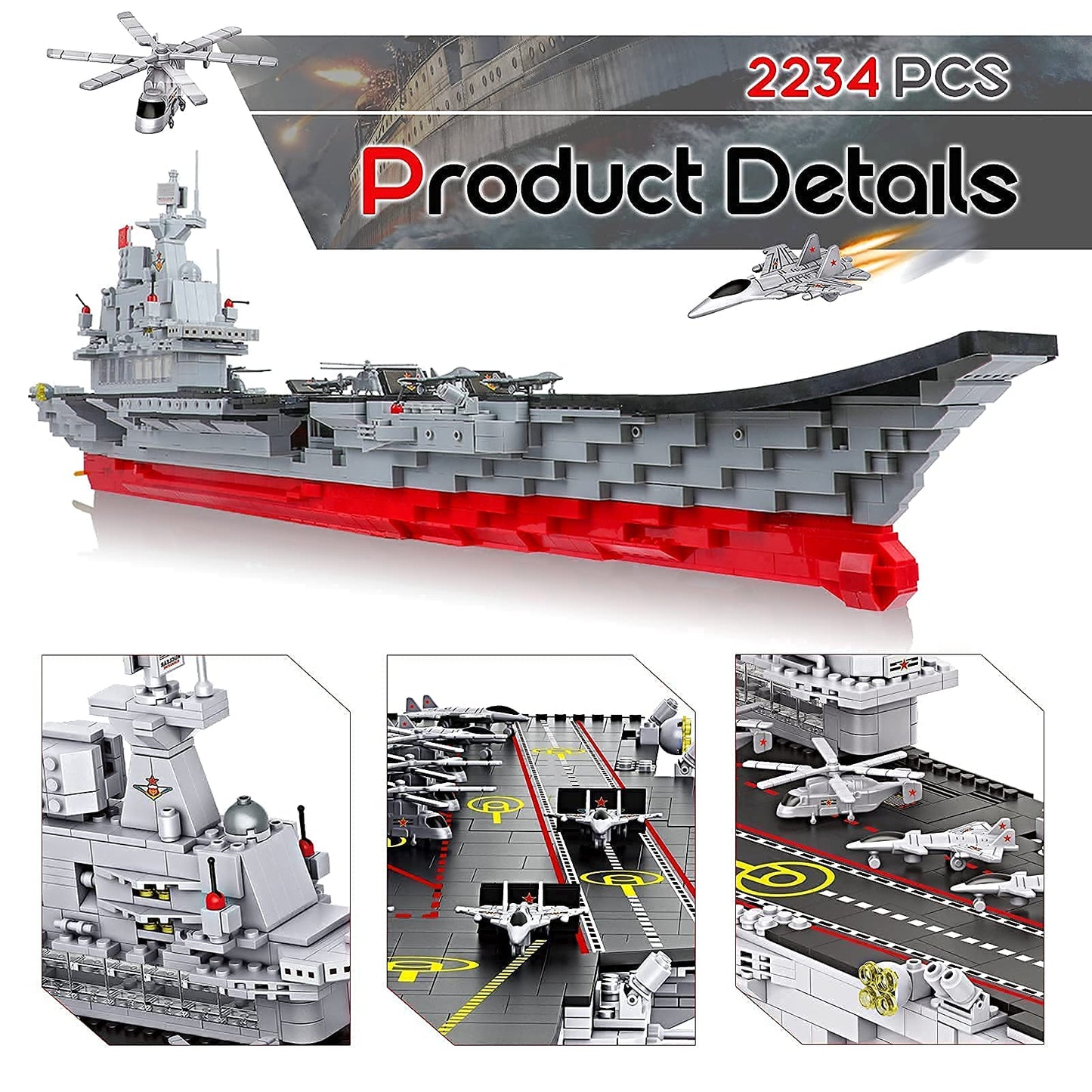 2234 Pieces Aircraft Carrier Building Blocks With Storage Box, 38X 7.7X10.5 Inch Stress Release Large Construction Military Wars