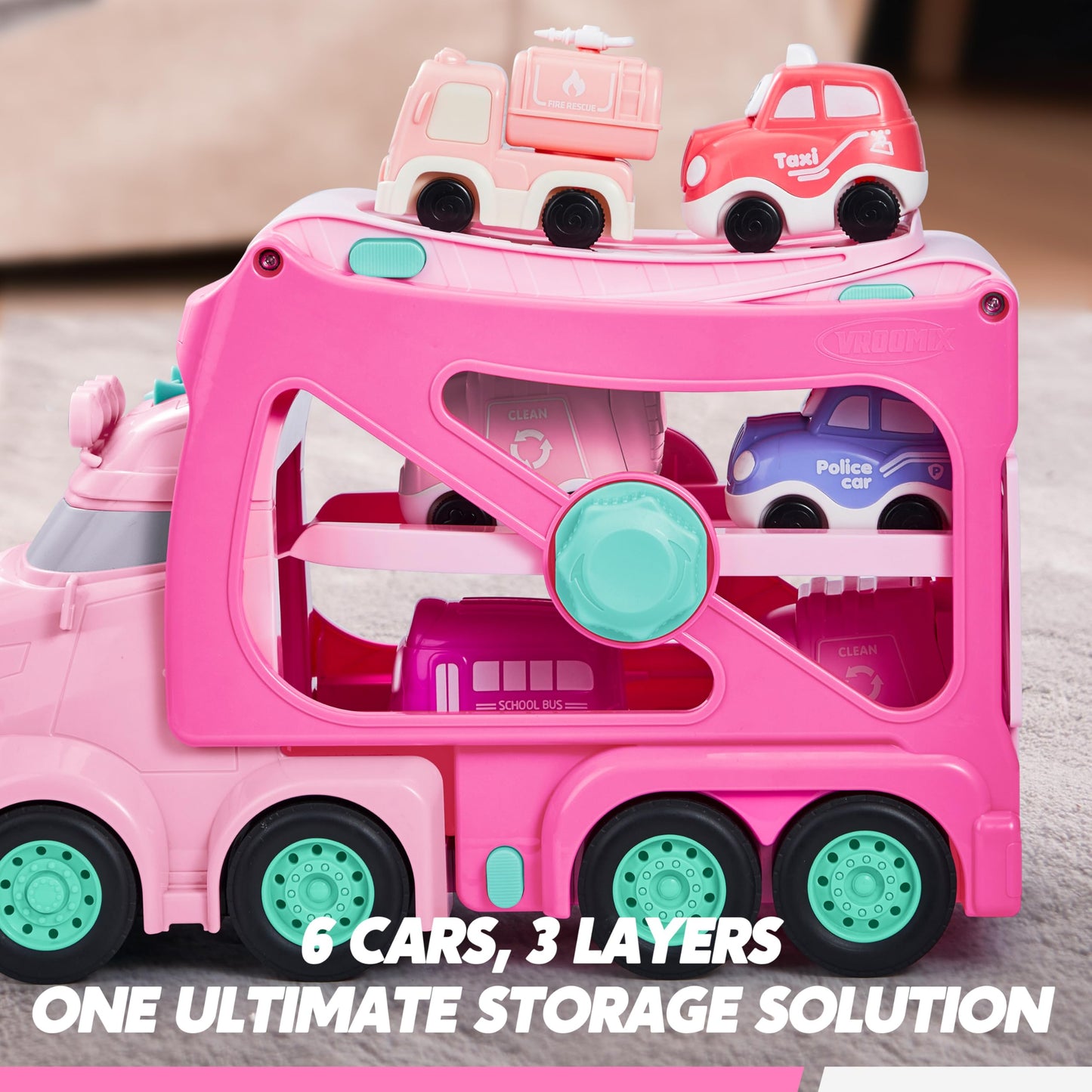 VROOMIX 3-Layer Extra Large Princess Pink Truck Toys for Girls, 7-in-1 Big Transport Vehicle Carrier Truck with Directional Trac