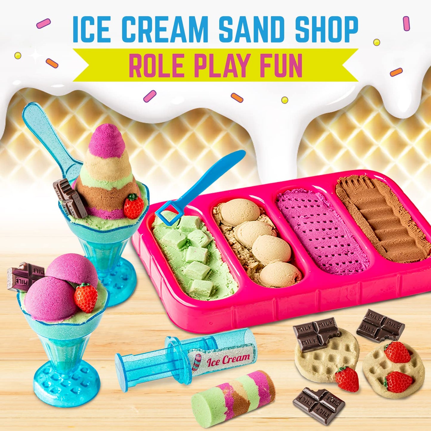 GirlZone Ice Cream Shop Play Sand Kit - 2 lb Magnetic Sand Toys - Multicolor - Ages 7+ - 22 Pieces