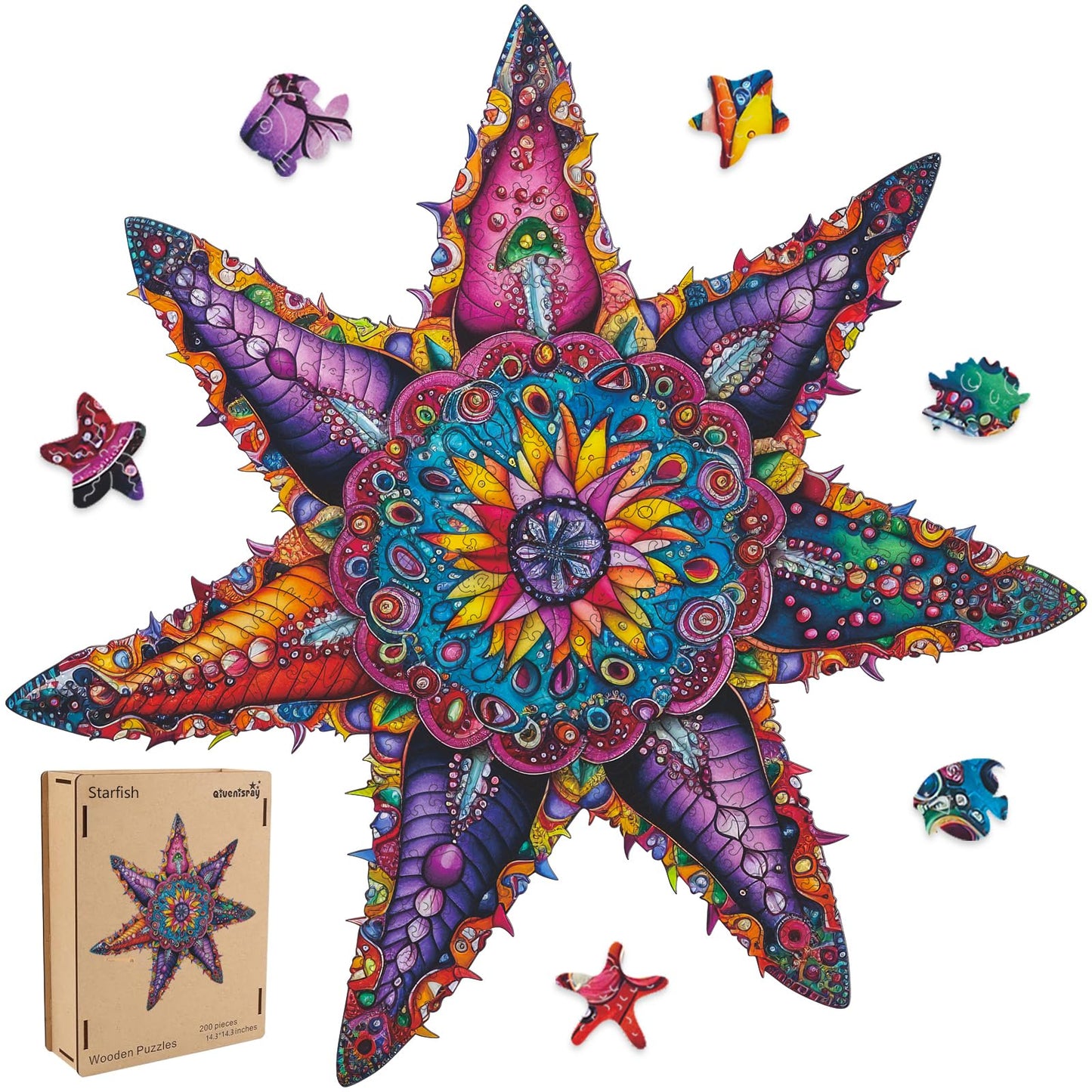 Qiuenisray Starfish Wooden Puzzles 200 Pieces  Ocean Puzzles for mature-themeds  Unique Shape Animal mature-themed Puzzles  Irregular Wooden Best Gift for mature-themeds Family Game (14.3x14.3 in)