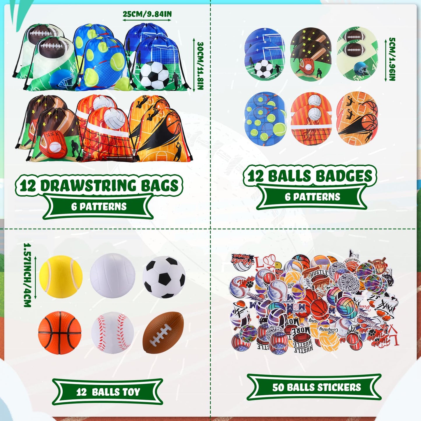 Fulmoon 140 Pcs Sports Party Favors Include Sports Drawstring Bag Mini Foam Sports Balls Bendable Pencil Sport Wristband Keychai