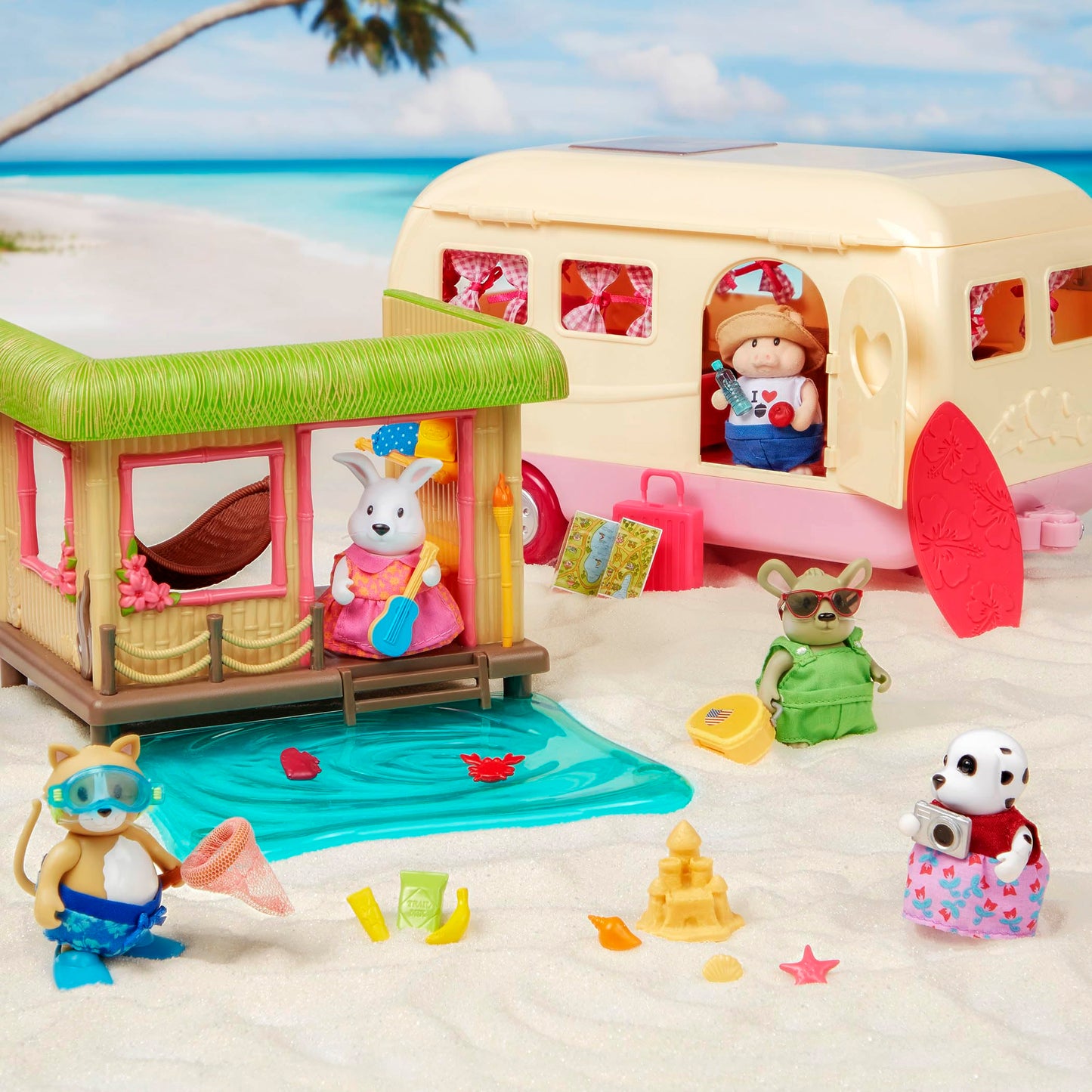 Li’L Woodzeez – Sunshine Tiki Hut Beach Party – Stackable Dollhouse Playset – 2 Posable Doll Figures & 1 Storybook Included – Miniature Beach Toys & Accessories – Pretend Play Toy Gift For Kids 3+
