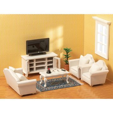 Samcami Miniature Dollhouse Furniture 1 12 Scale - Wooden Dollhouse Furniture Set For Dollhouse Living Room - Doll House Furniture Incl Sofa, Tv Cabinet, Coffee Table And Other Accessories (White)