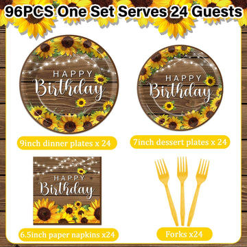 Obusatt 96Pcs Sunflower Birthday Party Decorations Sunflower Birthday Paper Disposable Dinner And Dessert Paper Disposable Plate