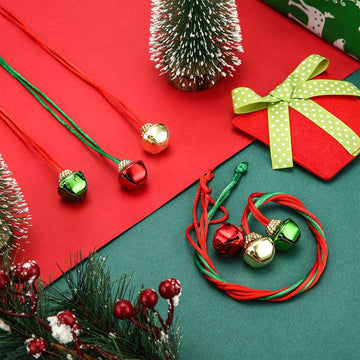 48 Pieces Christmas Bell Necklaces Christmas Holiday Necklaces Gold Red Green Xmas Jingle Bell Necklaces with Ribbons for Christ