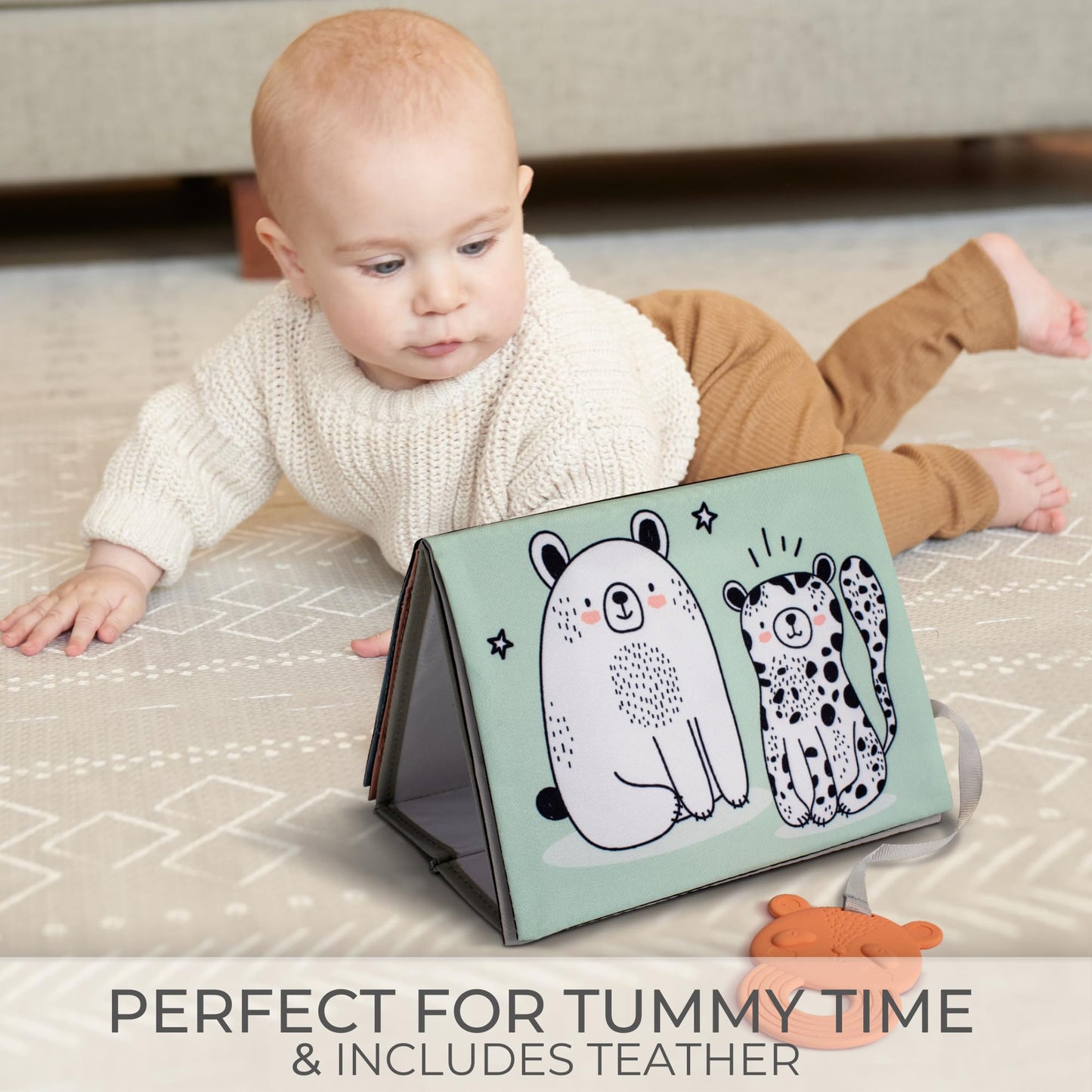 Soft Tummy Time Book W/ Large Stimulating Baby Safe Mirror - Fun High Contrast Montessori Toy W/ Mirror, Crinkle Filling & Silic