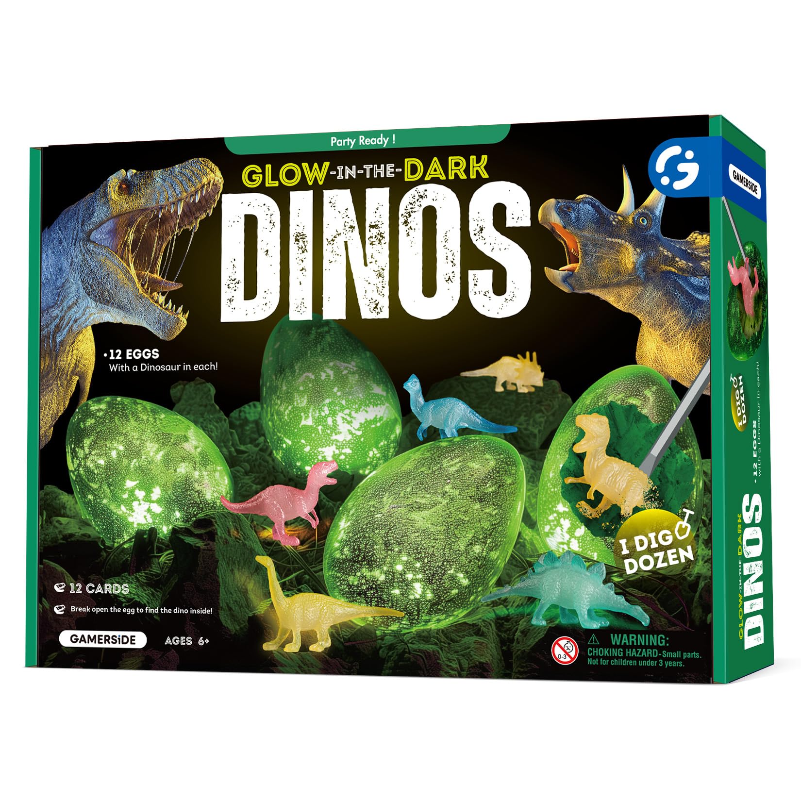Gamerside Dino Eggs Dig Kit, 12 Glow In The Dark Dinosaur Eggs Dig Kit Excavation Set, Dinosaur Toys For Kids 6-8 8-12, Educatio