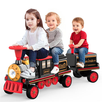 ANPABO Ride On Train Set Trackless, Include 1 Locomotive and 1 Carriage, 12V Kids Car with Height-Adjustable Seat, Extra Storage