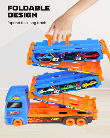 Carrier Truck For 3 4 5 6 Year Old Kids With Foldable 5.3Ft Track, 6 Die-Cast Metal Small Race Cars, Dual Rail Ejection Device,