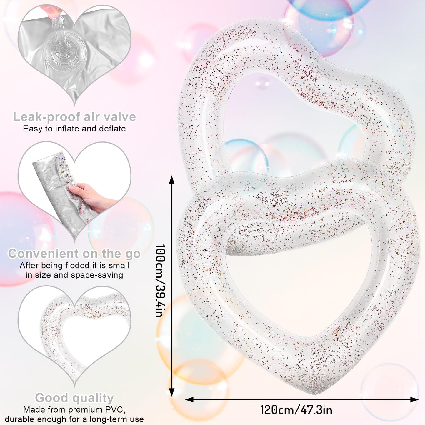 Whaline 3Pcs Inflatable Heart Pool Float with Glitter Inside White Swim Pool Rings Float Loungers Tube for Summer Pool Beach Bac