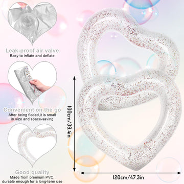 Whaline 3Pcs Inflatable Heart Pool Float with Glitter Inside White Swim Pool Rings Float Loungers Tube for Summer Pool Beach Bac